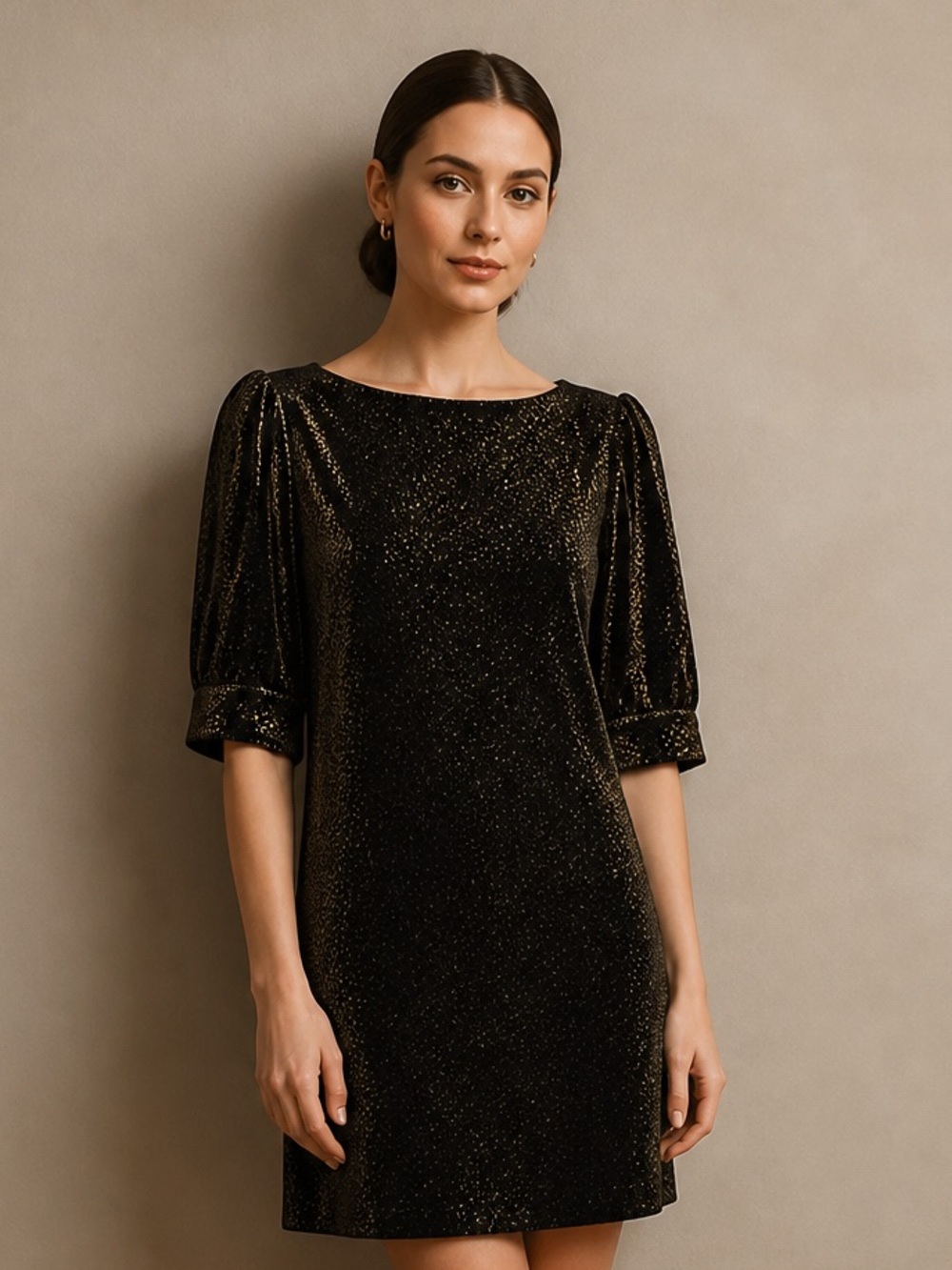 Black velour Sparkle Puff-Sleeve Shift Dress
